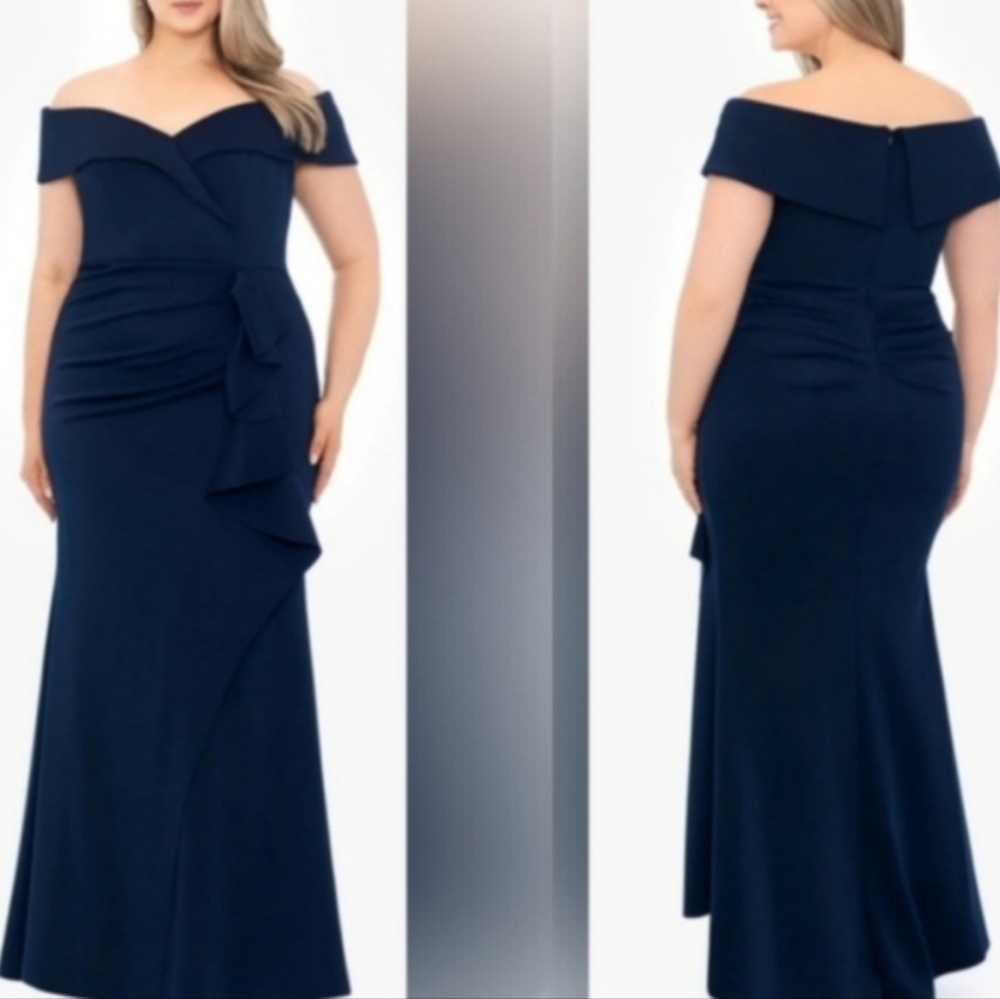 XSCAPE Size 16 Navy Blue Off the Shoulder Ruched Long Cascading Ruffle Gown NWT